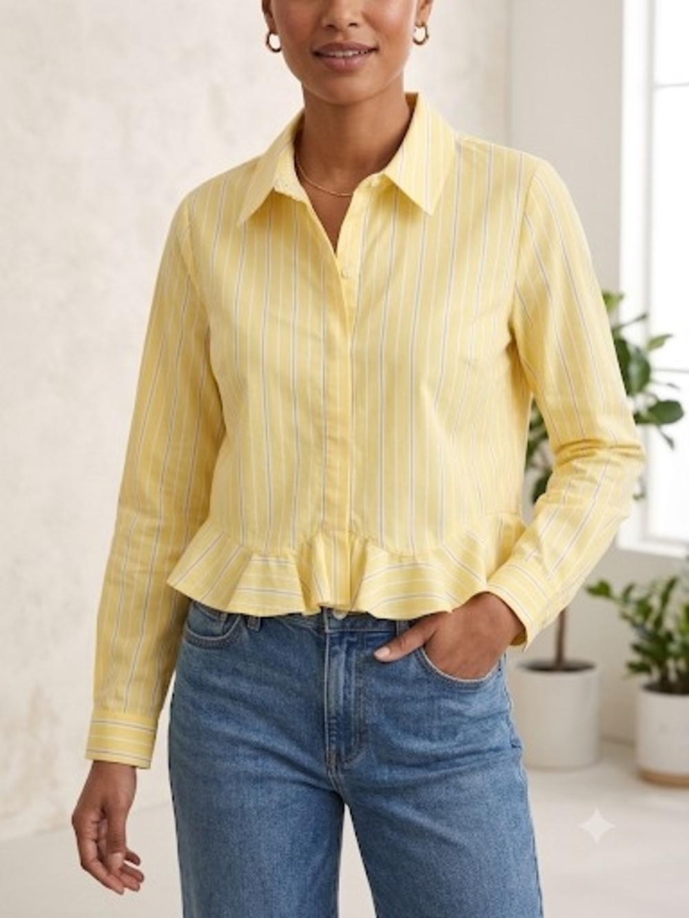 CAbi Yellow Striped Ruffle-Hem Button Down Shirt
